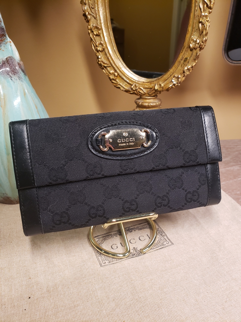 Gucci Black GG Canvas Continental Wallet w/ Gold Horsebit Plaque (Retail $650)
